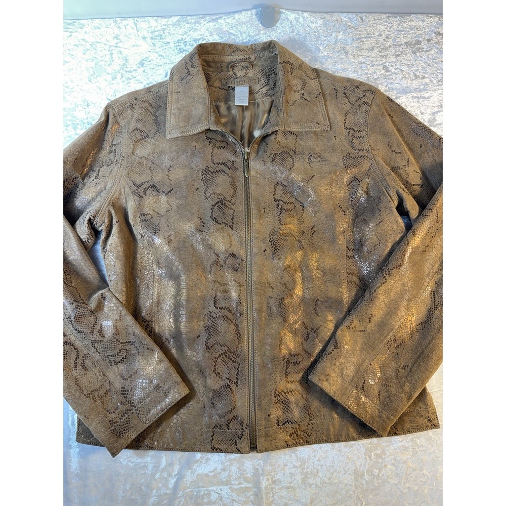 Chico's Leather Jacket Womens Size 1 Metallic Snakeskin Reptile Print Zip